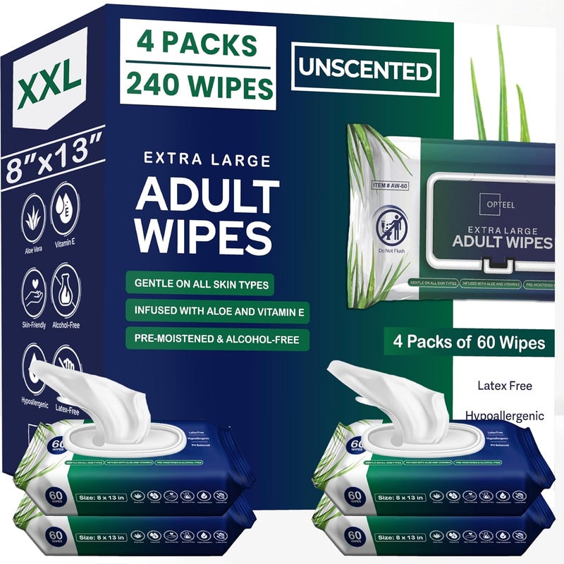OPTEEL Adult Wipes For Elderly - 8"x13" Extra Large & Soft Wet Wipes for Adults Bathing - Incontinence Disposable Washcloths, Vitamin E & Aloe Infused for Men & Women 240ct (4 Packs of 60) - Image 1